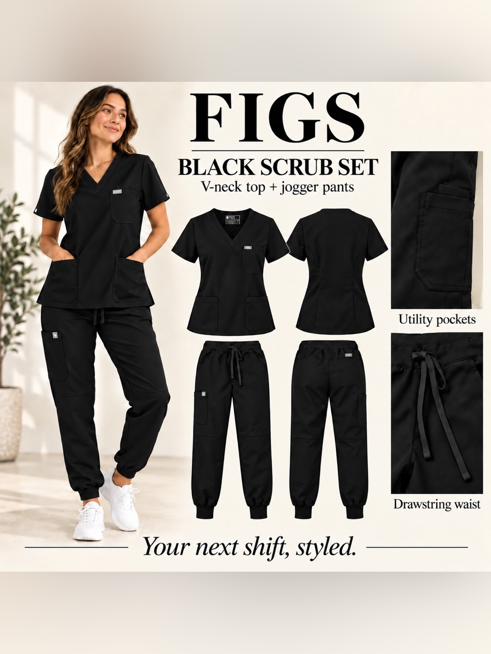 Figs Black V-Neck Scrub Top and Jogger Pants Set technical collection
